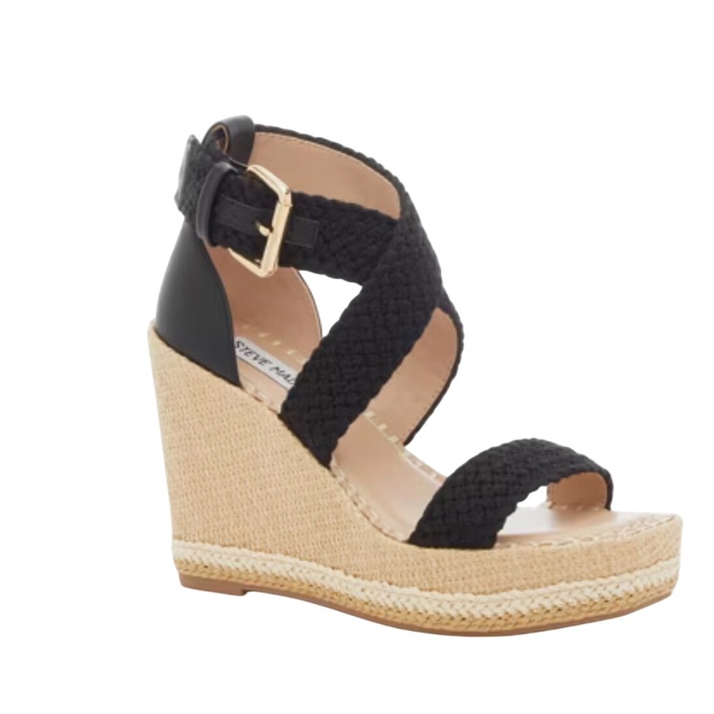Steve Madden‎ Cali Black Woven Ankle Strap Espadrille Wedge Sandals Size 8M